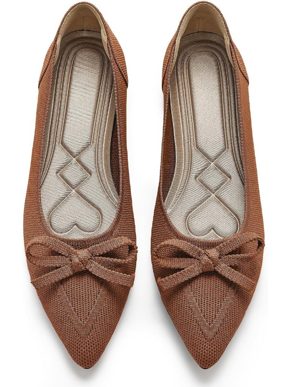 Women's Brown Pointed Toe Bow Knit Ballet Flats Comfortable Slip On Dressy Shoes